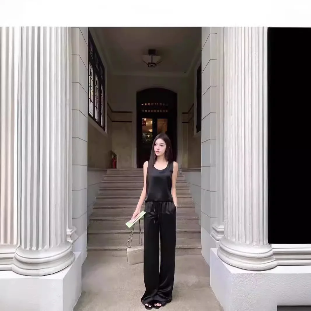 

Женская модная одежда для взрослых по индивидуальному заказу, простой темпераментный атласный жилет, топ, брюки с прямыми штанинами, повседневная одежда, сексуальный костюм