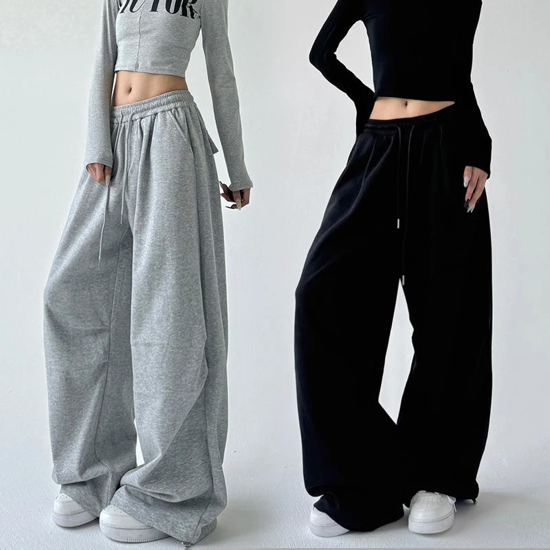 American Grey Hip Hop Wide Leg Straight Floor-Length Pants Women's Jazz Drape Lazy Style Loose Casual Sports Sweatpants
