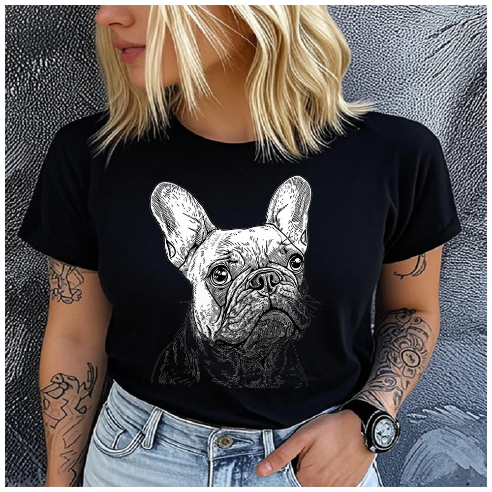 men Women's Cotton 100% Black and white bulldog Print T-shirt Loose round Neck Casual Short Sleeve Fashion Top  Clothing Summer