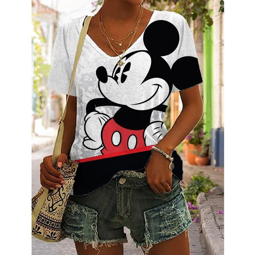 Summer Casual V-neck T-shirt For women's Mickey Mouse Print Shirt Top Loose Vintage women's Street Wear Short Sleeved Clothes s-