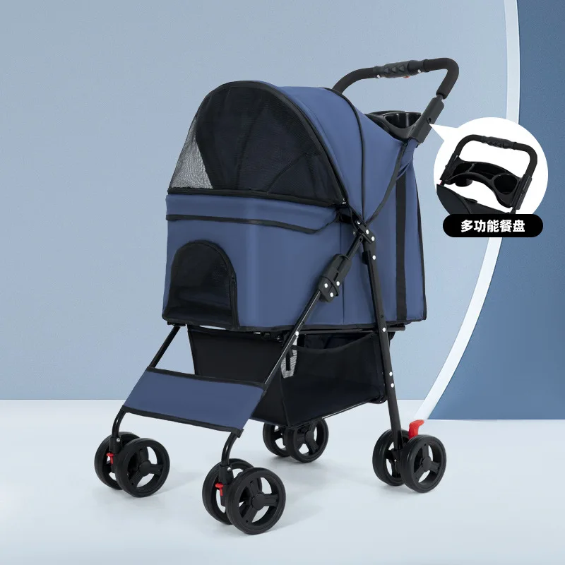 A Four Wheel Foldable Dog Stroller Universal Front Wheel Rear Wheel Dual Brakes Convenient Dining Plate Conveyors And Stroller