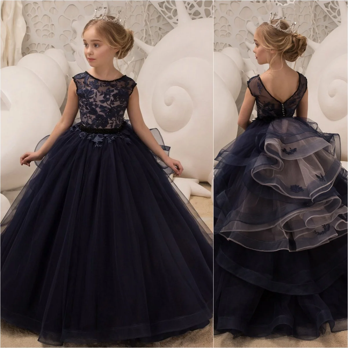 

Navy Blue Flower Girl Dresses Baby for Wedding Lace Appliques Ribbons Baby Kids Formal Wear for Photoshoot First Communion Gowns