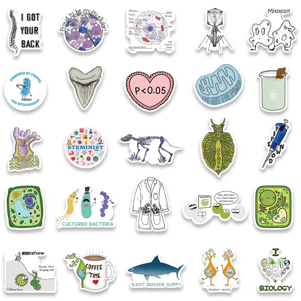 50Pcs INS Novelty Cute Kawaii Biology Series Stickers PVC Waterproof Stickers Decals For Kids Boys Girls Toys Gifts