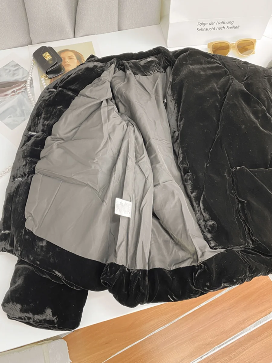 معطف شتوي دافئ للنساء من الريش والقطيفة A208، تصميم أنيق بياقة مستديرة وطول عادي