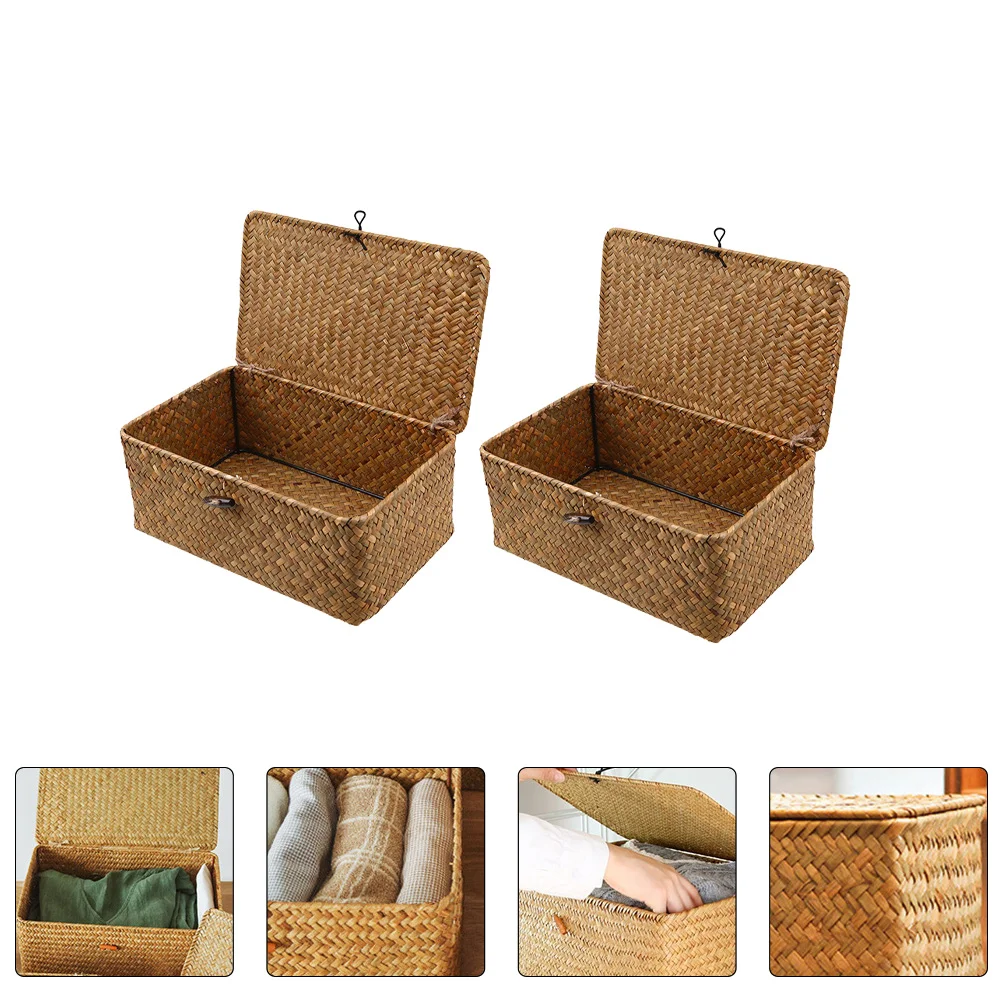 

2 Pcs Basket Organizer Hamper Decorative Box Woven Storage Natural Seaweed Child Baskets
