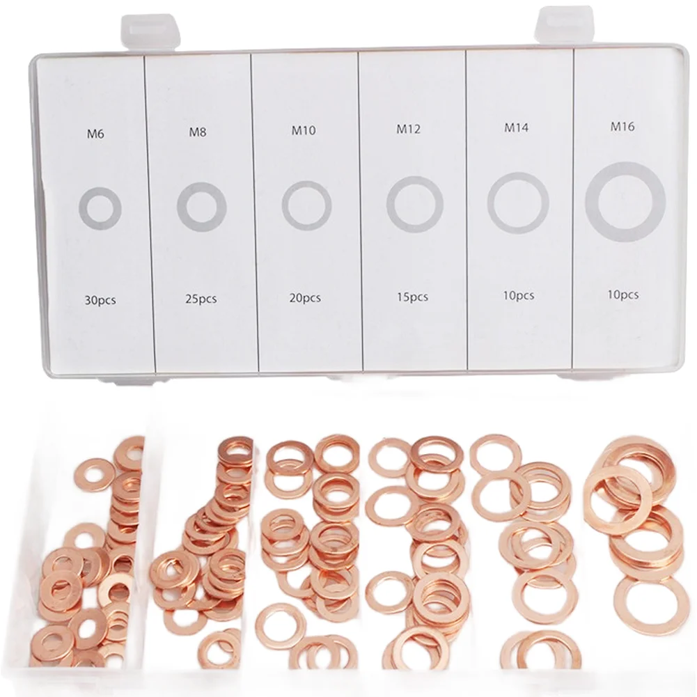 110 قطعة مجموعة حشية غسالة النحاس حلقة مسطحة مجموعة متنوعة من الختم M6/M8/M10/M12/M14/M16 ختم غسالة حلقة الختم المسطحة طوقا