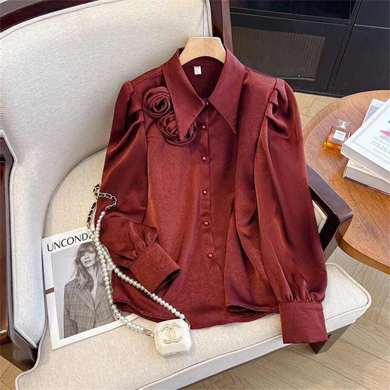 Vertical Collar Flower V-Neck Shirt Female Spring Long Sleeve Bubble Wind Cardigan Satin Lapel Solid Color Fashion Joker Top
