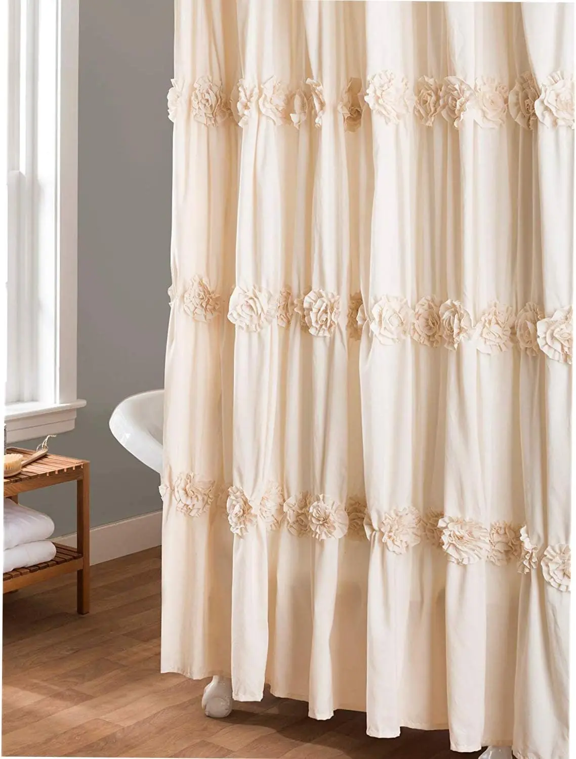 

Elegant Ruched Floral Shower Curtain, 72x72 Inches, Ivory - Waterproof & Stylish Bathroom Decor