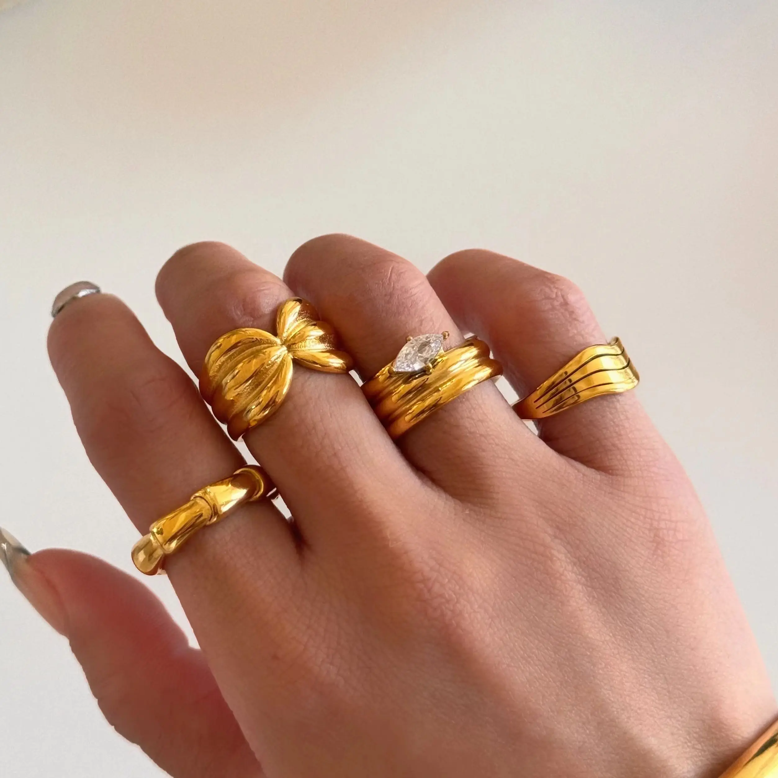 DASEIN Vintage Fashion Stackable Bamboo Knot lines Rings Stainless Steel Ins Trendy 18k PVD Gold Plated Punk Lady Jewelry