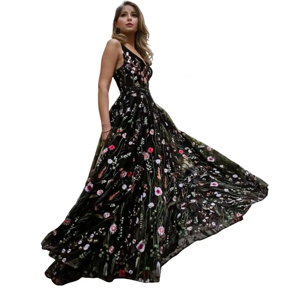 Robe longue brodée à col en V pour femme, robe trapèze, robe de Rhtrapèze, robe de cocktail élégante, broderie florale, maxi