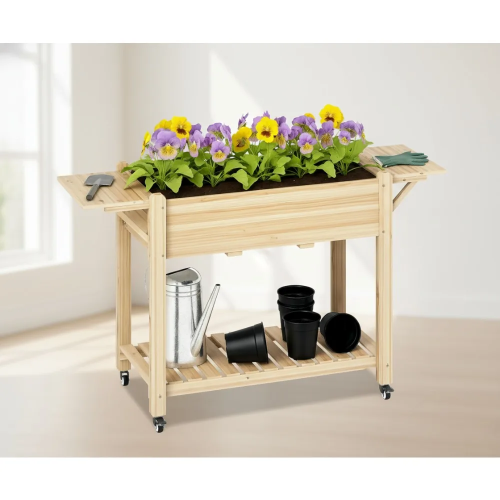 

Elevated Wood Planter Box with Wheels, Side Tables & Shelf - Mobile Raised Garden Bed for Outdoor Gardening