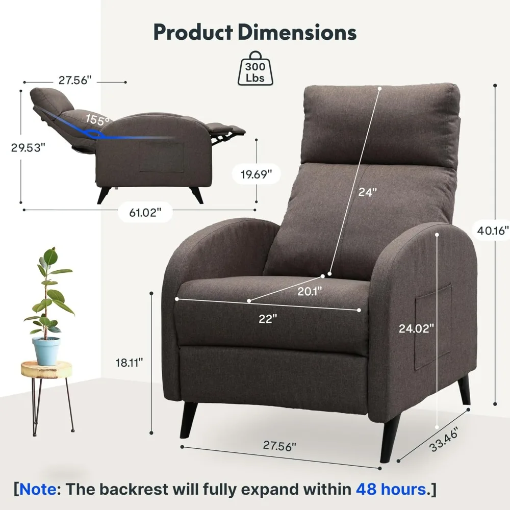 

Recliner Chair for Adults, Fabric Small Reclining Chair Home Theater Seating with Side Pockets, Adjustable Modern Single Sofa