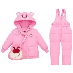 2025 Winter Children Girls 2pcs Clothes Set Cartoon Bear Hooded Down Jacket For Girls Toddler Girl Overalls Suit Free Bag