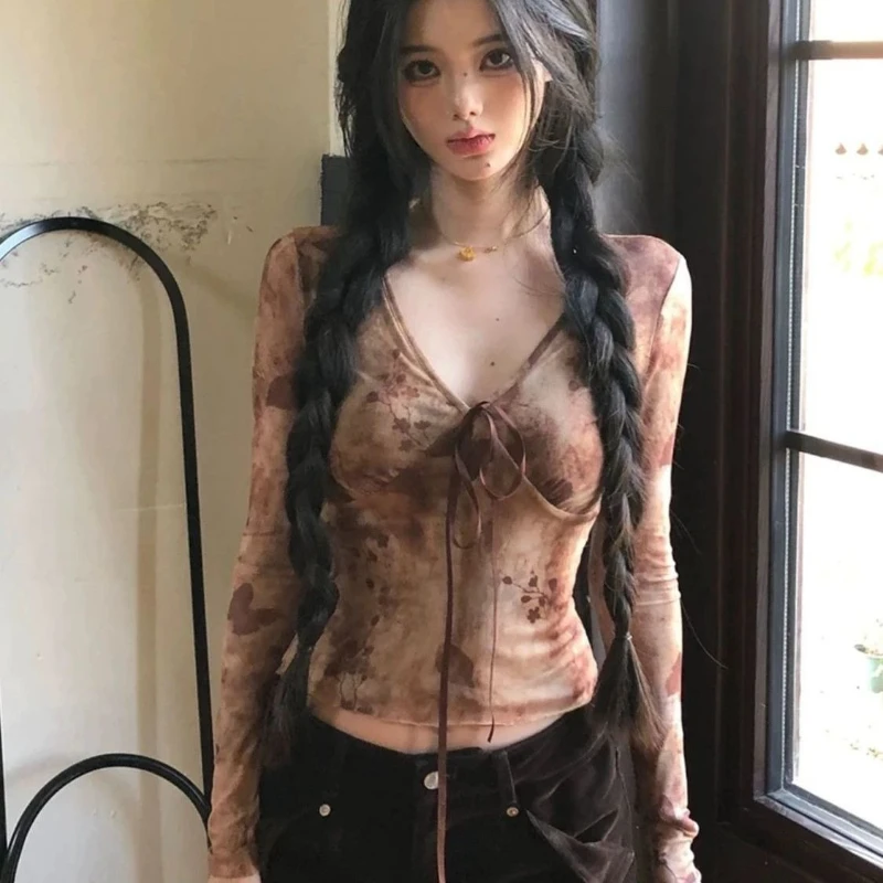 Chic Autumn Sexy Style V-Neck Strap Dyed Long Tee Women Printed Fitted Gathered Waist Sheer Mesh Top