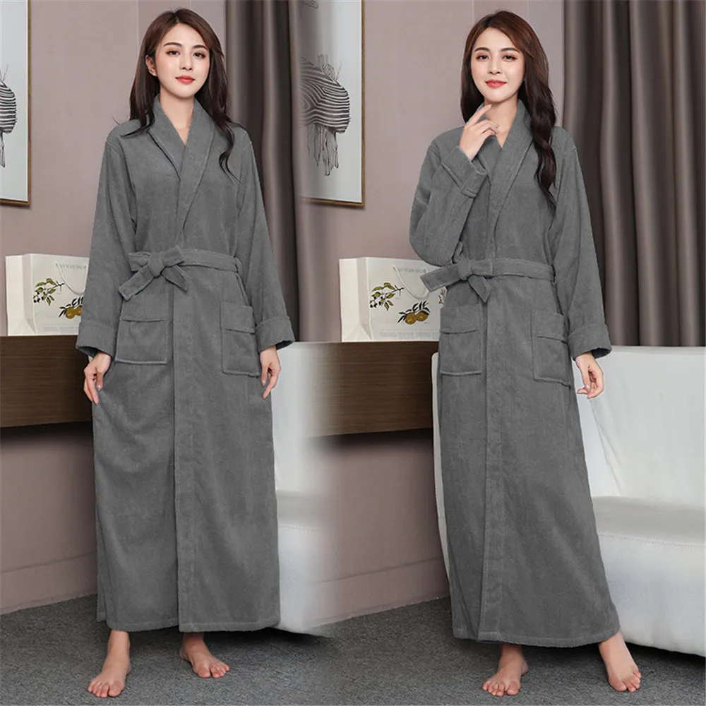 Winter Cotton Terry Couple Long Robe Solid Color Sleepwear Thicken Warm Women's Night Clothes Bathrobe Homewear