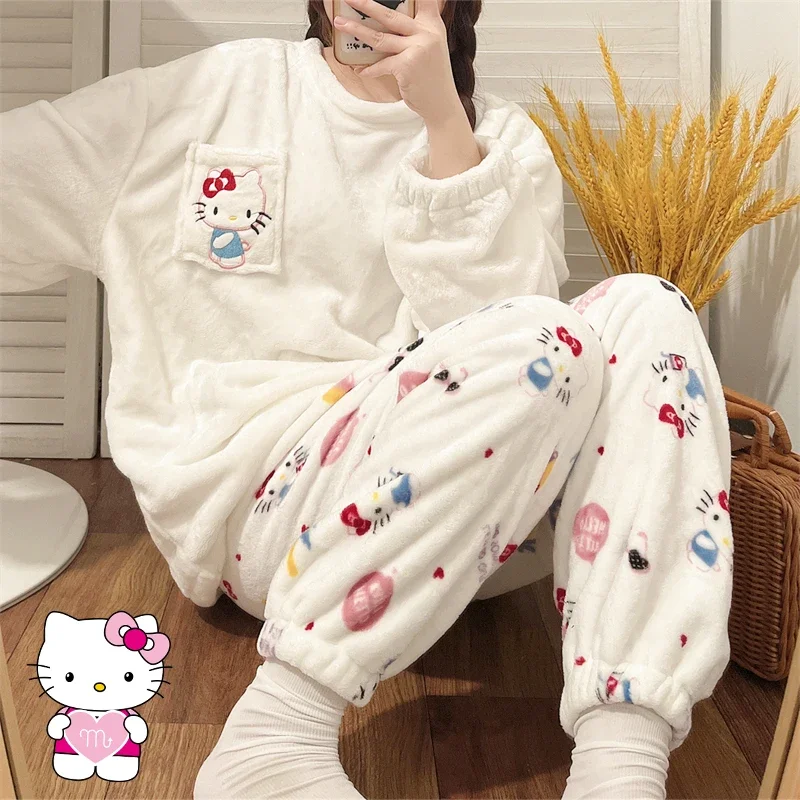 Sanrioed Kuromi Cinnamoroll Hello Kitty Women Plush Pajamas Set Kawaii Spring Winter Home Clothes New Girl Thicken Cute Cartoon