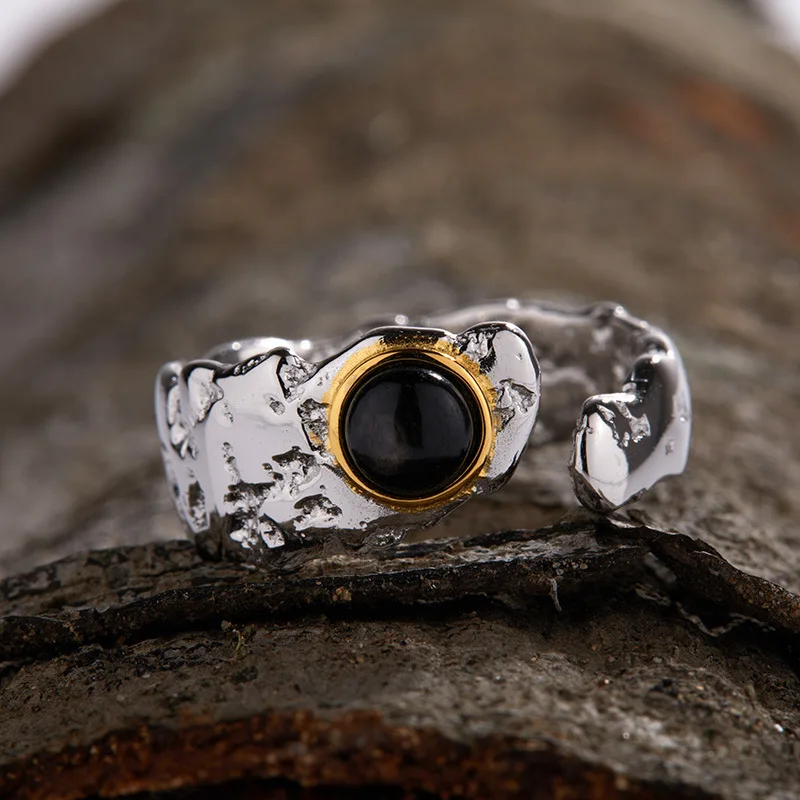 

Personalized Fashion Retro Minimalist Open RingS925Silver Inlaid Natural Gold Luck Stone Simple Design Universal Ring