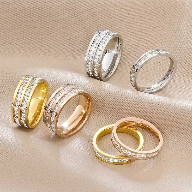 1 and 2 Rows Stones Ring for Women Quality Silver Rose Gold Color Stainless Steel Wedding Ring