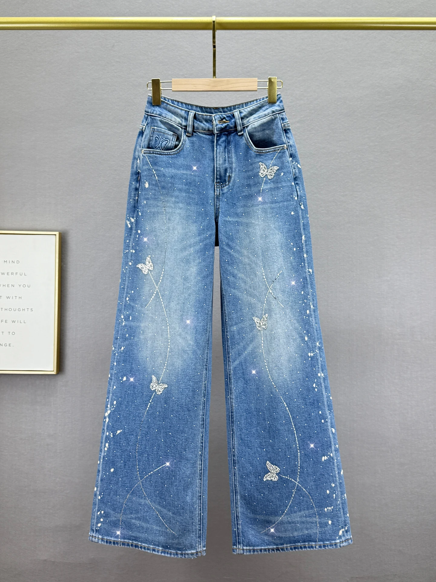 

Женские джинсы Heavy Du с стразами, новые, весенние, с высокой талией, свободные, широкие штанины, из хлопкового стрейч-денима