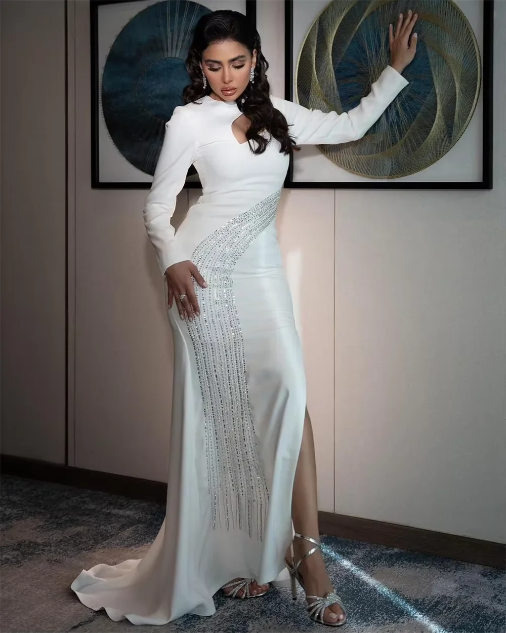 

Customized White Mermaid Prom Dresses Floor-Length O-Neck Full Sleeve Evening Dresses Simple Fashion Sequined Side Split