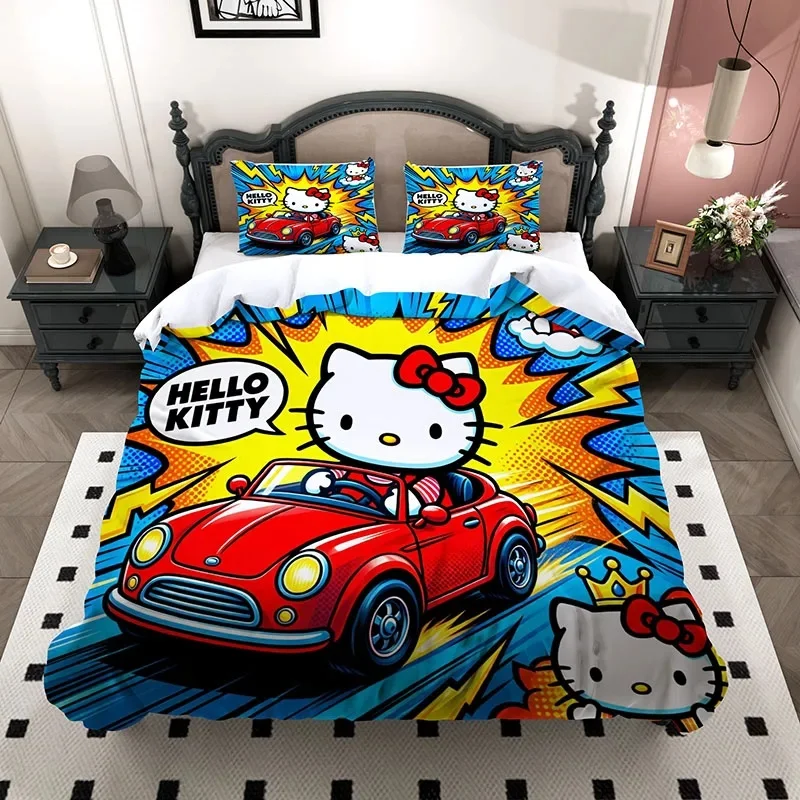 Colorful Comic Pop Hello Kitty 3Pcs Bedding Set, 3D Red Car Microfiber Duvet Cover With 2 Pillowcases For Girls Bedroom Decor