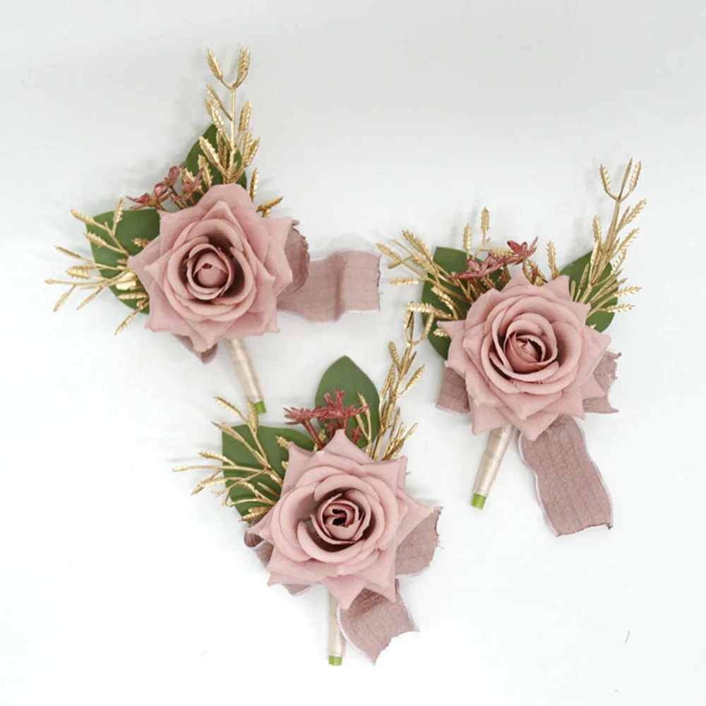 Dusty Pink Flowers Wedding Boutonniere for Guests Silk Rose Artificial Lace Pearsl Corsage Bracelet groom Wedding accessories