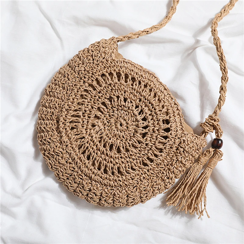 Fashion Round Soft Paper Rope Shoulder Bag Tassel Summer Beach Handmade Crossbody Bags Women Hollow Straw Bag Circle Rattan Bag