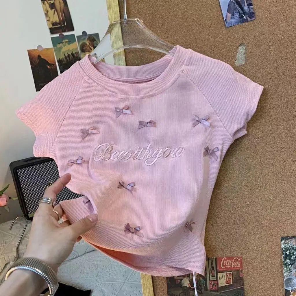 

Girls 3D Bow Short Sleeves Slim Fit T-shirt Fashionable Sweet Short Top 2024 Summer New Girls T-shirts