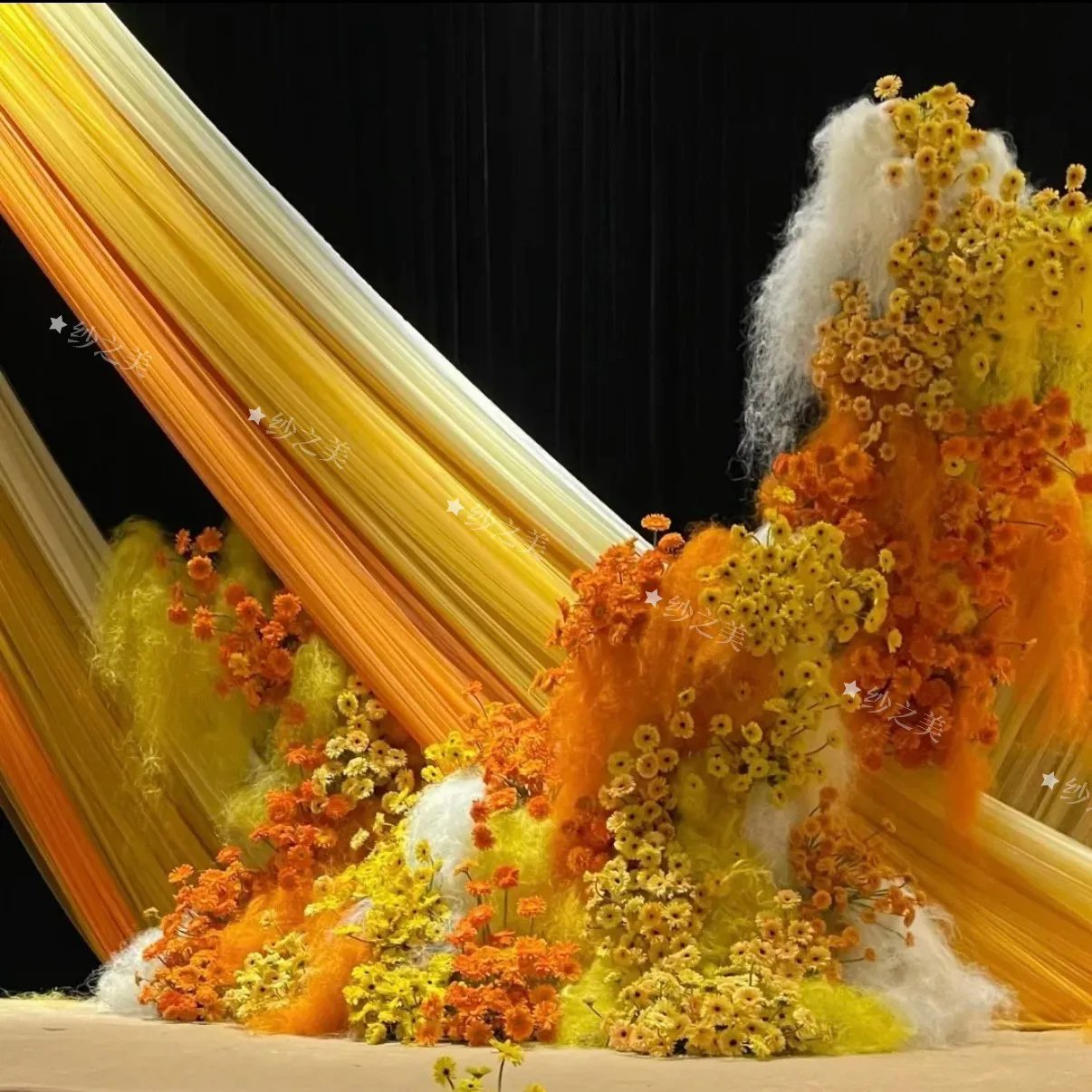 Sunset Yellow Wind Orange Soft Gauze Encryption Transparent Drape Draping Fabric for Wedding Background Sheer Fabric