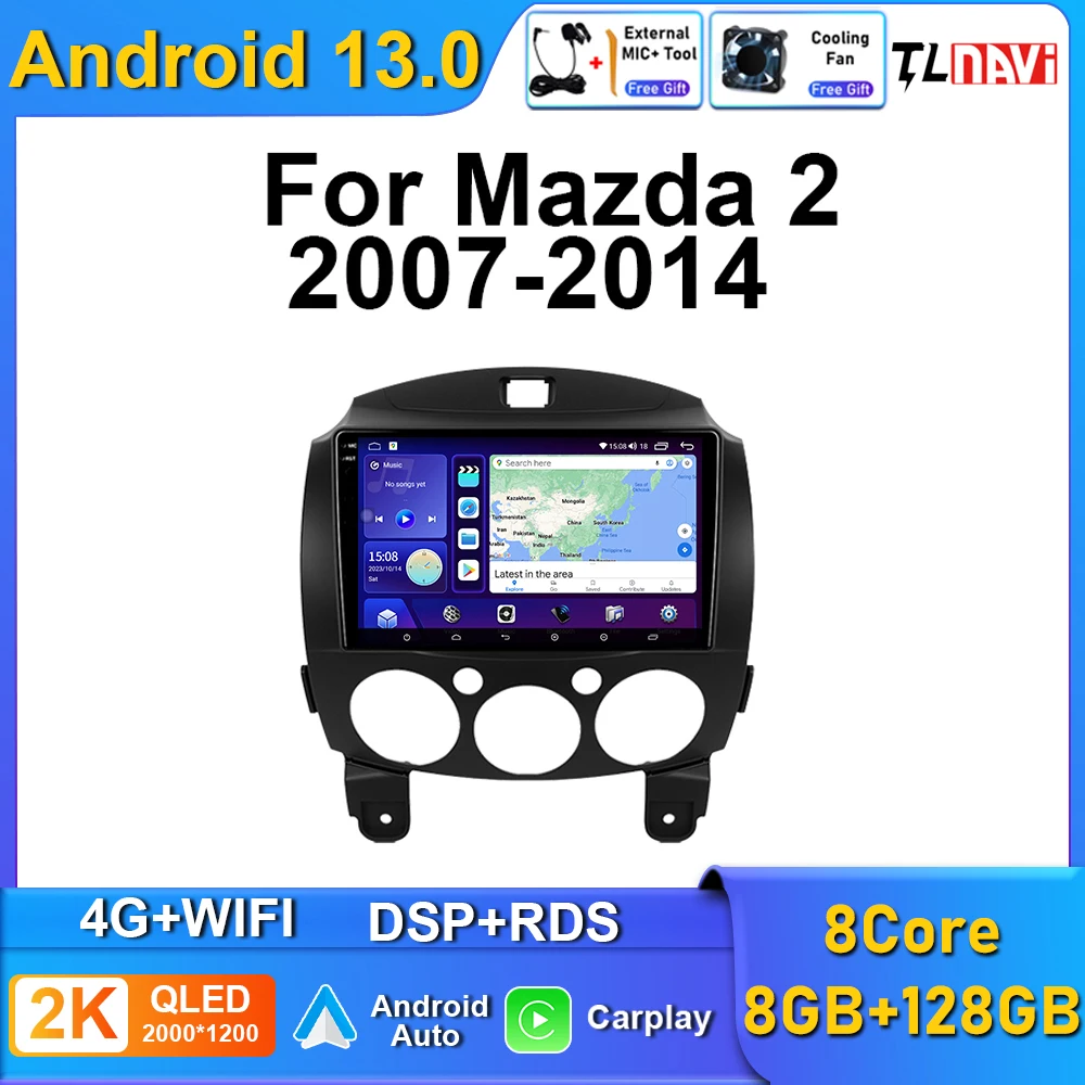 GPSナビゲーション付きカーマルチメディアプレーヤー,2K,qled,8 GB,128 GB,CarPlay,Android,自動,マツダ2 2007, 2008 - 2014