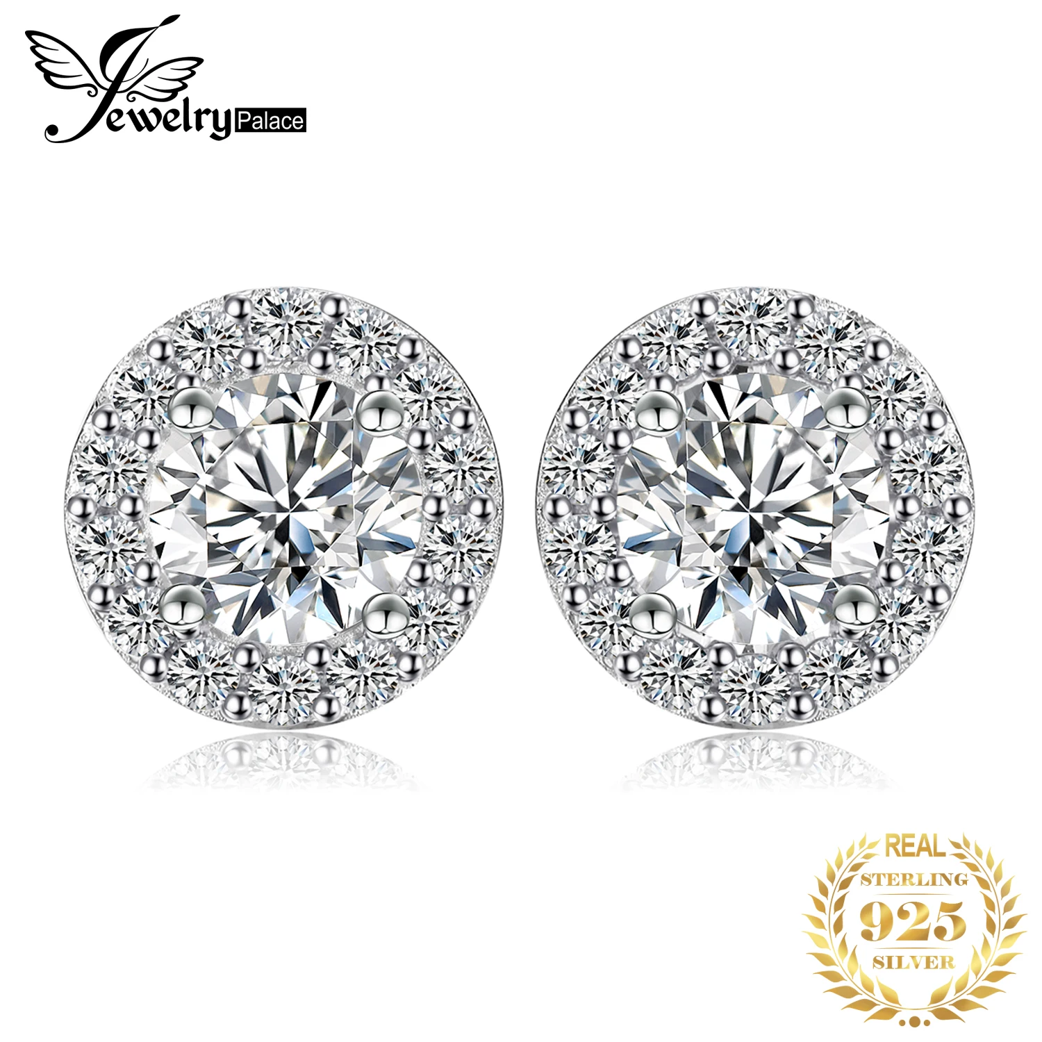 JewelryPalace Round 5A Cubic Zirconia Wedding Engagement 925 Sterling Silver Halo Stud Earrings for Woman Anniversary Gift