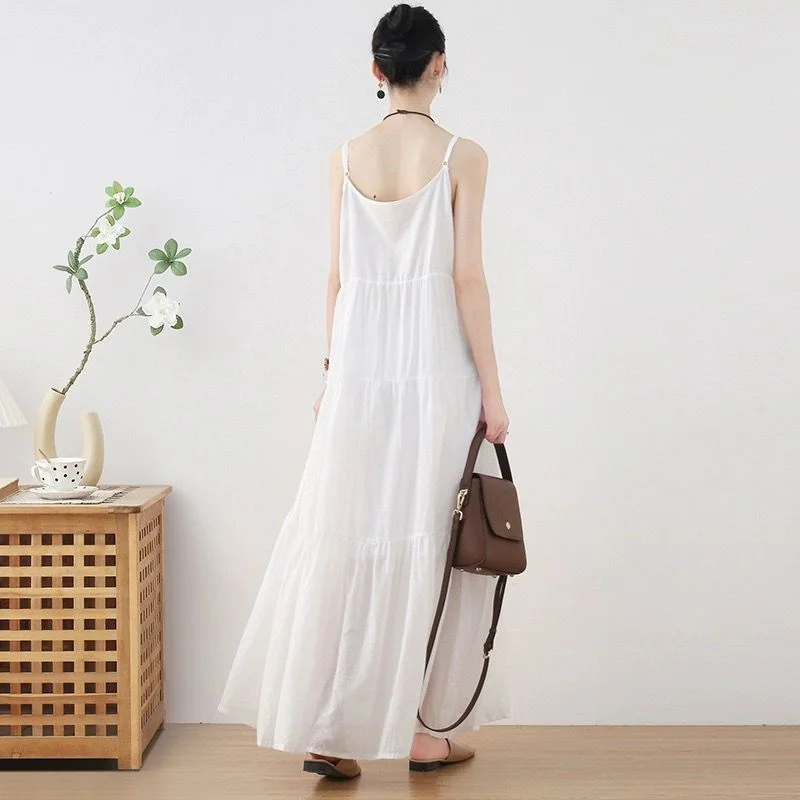 Verão novo feminino artístico solto dupla camada cinta dr praia capa de viagem barriga emagrecimento longo vestido de algodão cintura alta