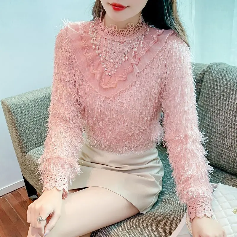 Top de encaje con cuello levantado y manga larga gruesa para mujer, camisa de terciopelo de seda con diamantes de lujo, Otoño Invierno TT754