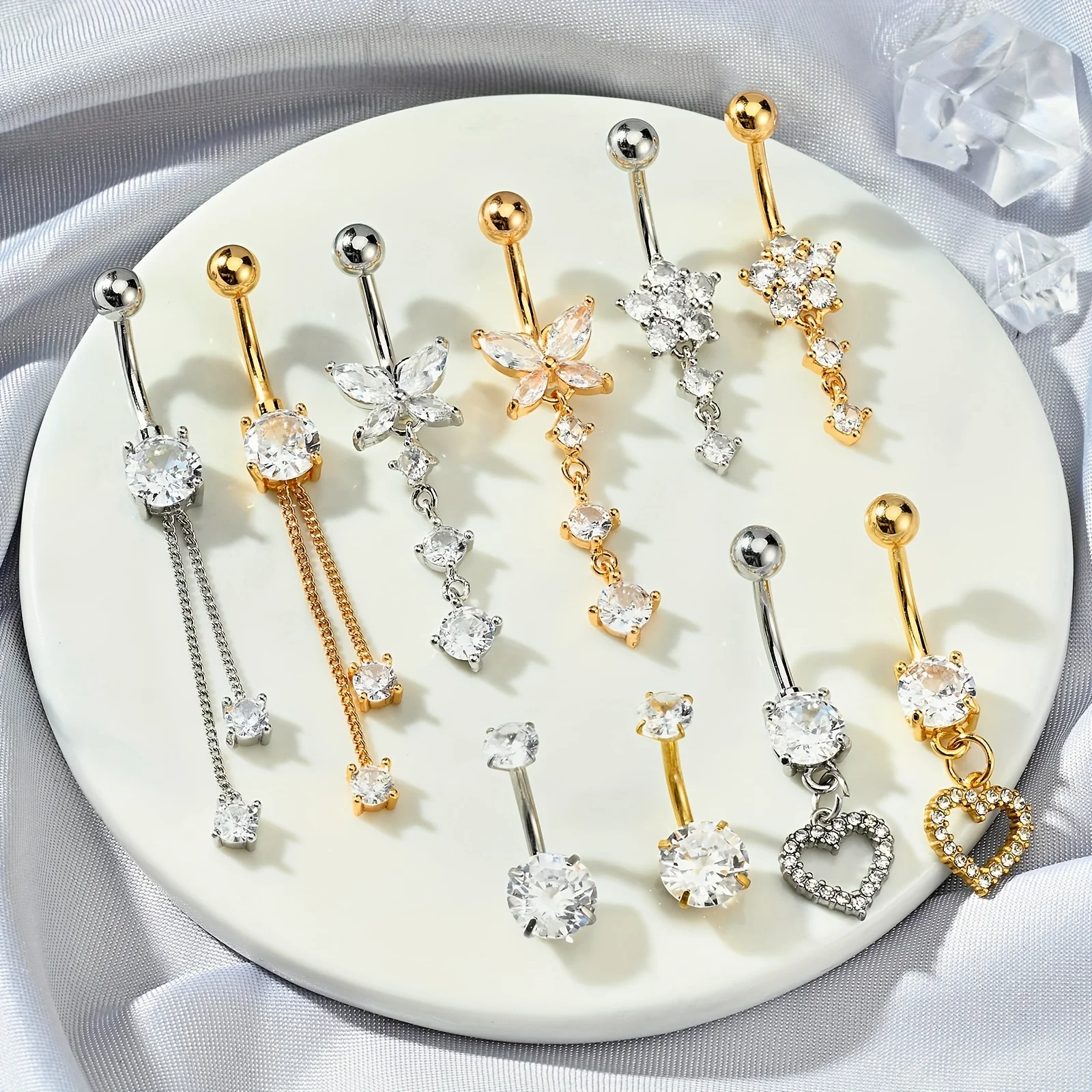 5-teiliges Bauchnabel-Ohrstecker-Set, Herz- und Blumen-Design, neuer Anhänger-Nabelpiercing-Schmuck aus Edelstahl 304