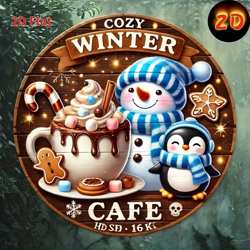 2D Flat, 1 Piece Winter Joy Cafe Iron Round Wall Art Sign - Cozy Snowflakes and Coffee Cup Design, 2D Metal Poster, Suitable for Home, Bedroom