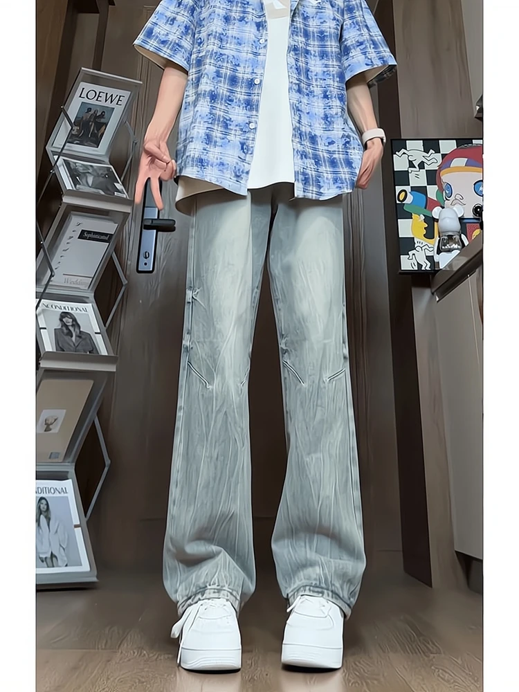 

Foufurieux Jeans Men Vintage Straight Leg Pants Solid Color Button Pocket Split Zipper Loose Trousers Spring Summer Men Clothing