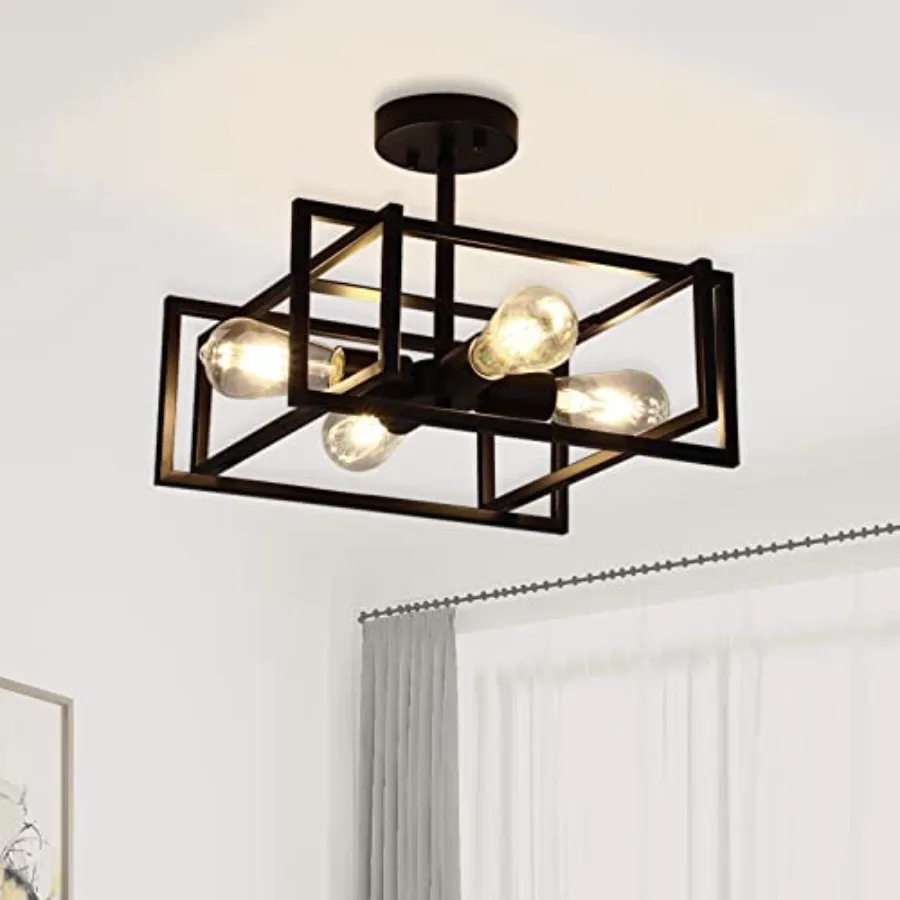 Black Ceiling Light Fixtures - 4-Light Industrial Farmhouse Flush Mount Ceiling Lighting, Vintage Metal Chandelier Ceiling Lamp