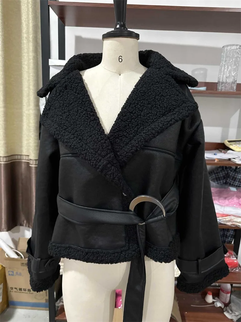 Chaqueta negra de piel de cuero PU para mujer, abrigo corto o largo con cinturón, traje Formal informal cálido para boda y cumpleaños, otoño e invierno