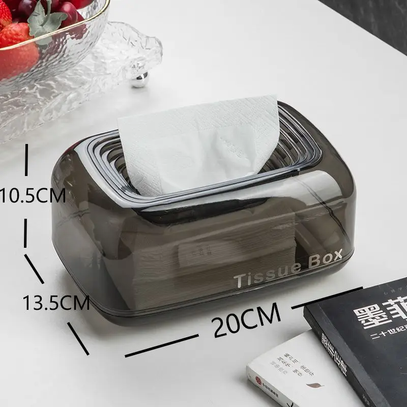 Smoky Gray Transparent Tissue Box Holder, Rectangular Desktop Tissue Dispenser with Spring-Loaded Top, Plastic Napkin Storage