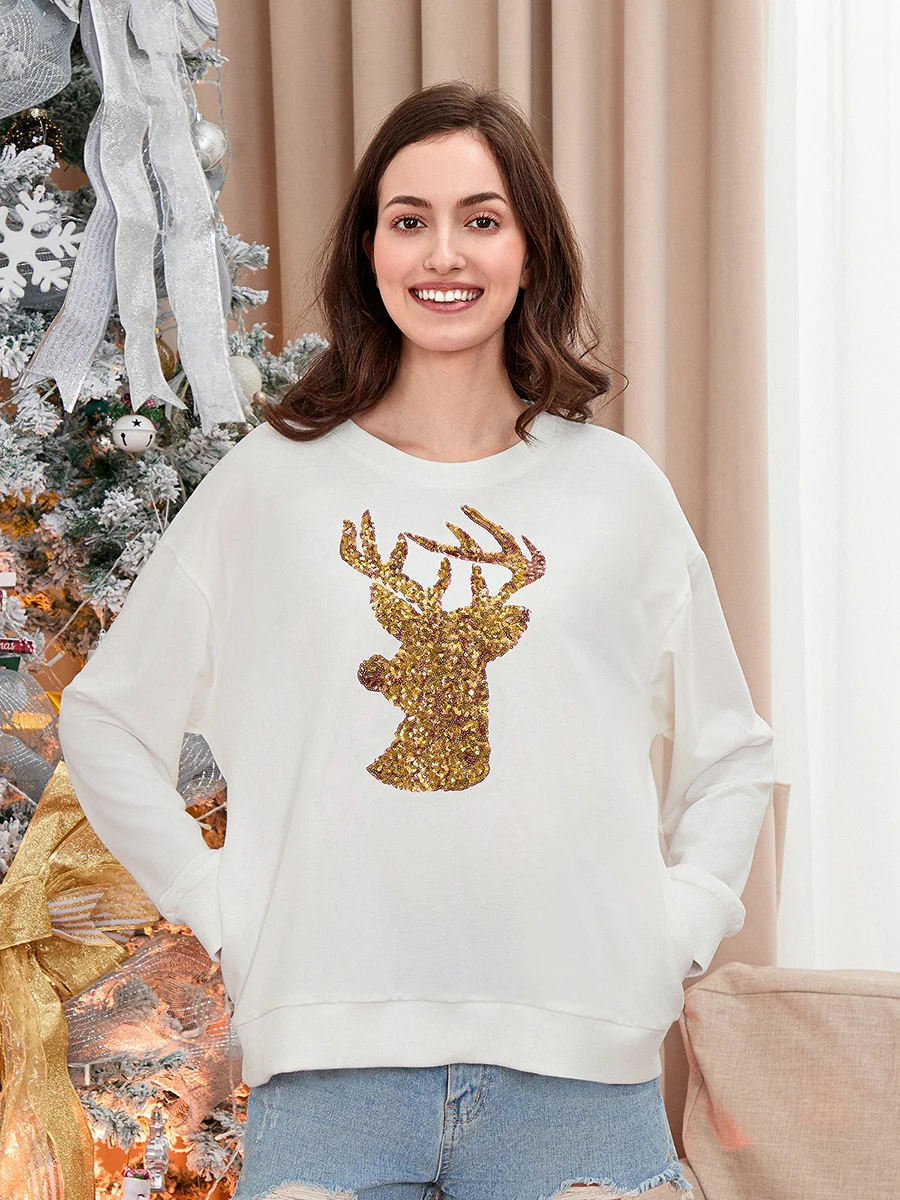 Women Cute Christmas Sweatshirts Sequined Elk Santa Trendy Loose Long Sleeve Pullovers Casual Fall Tops Streetwear