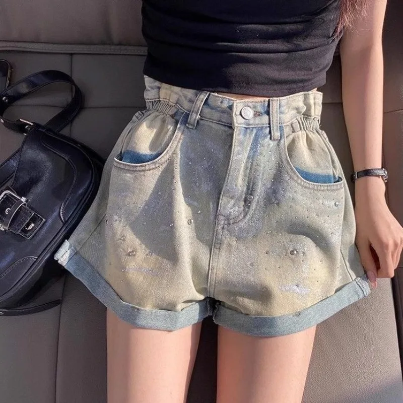 Female Short Jeans Pants Elastic Waist Baggy Loose High Women's Denim Shorts Sequin with Rhinestones Elegant Outdoor Wholesale