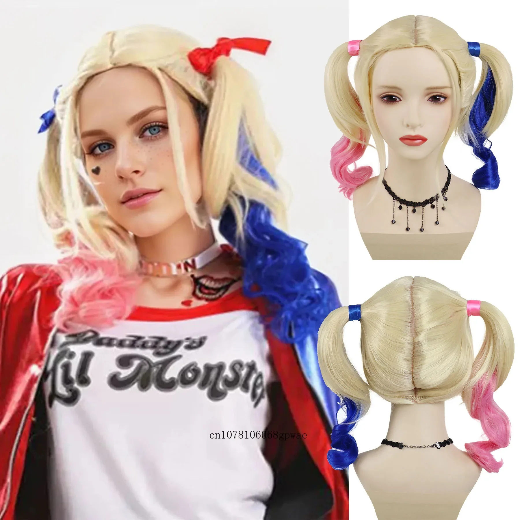 Peluca de pelo sintético rosa y azul para mujeres y niñas, pelucas rubias cortas y rizadas con dos coletas, disfraz de Halloween, peluca de Cosplay de Anime para fiesta