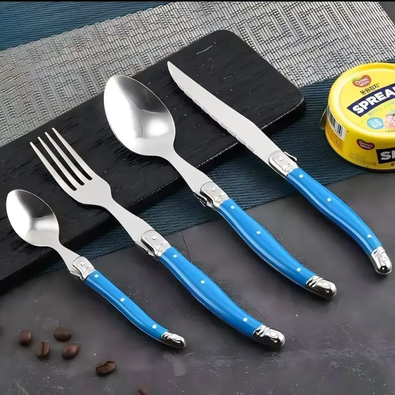 4-24pcs Laguiole Black Dinner set Rainbow Tableware Colorful Cutlery Red Plastic Handle Steak knife Fork spoon Teaspoon Home Use