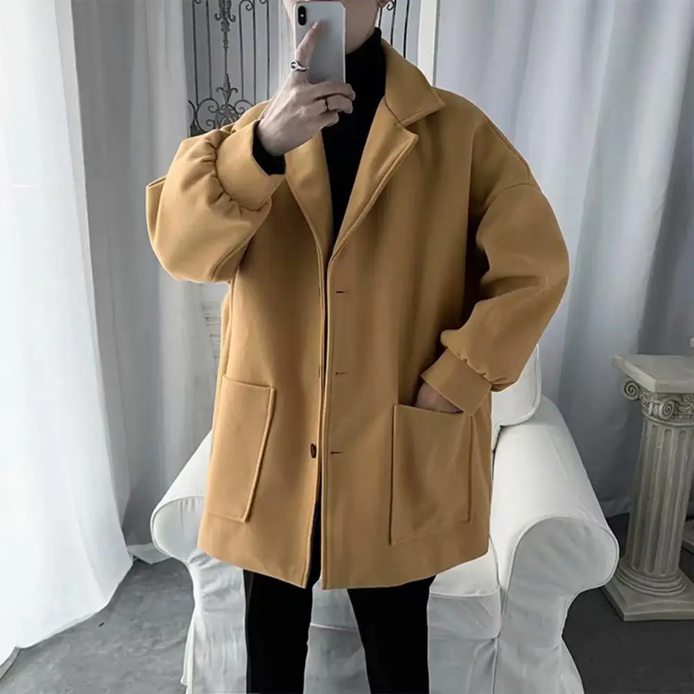 

Fall Winter Men Wool Coat Solid Color Lapel Notch Collar Long Sleeve Trench Coat Mid Length Single-breasted Pockets Men Overcoat