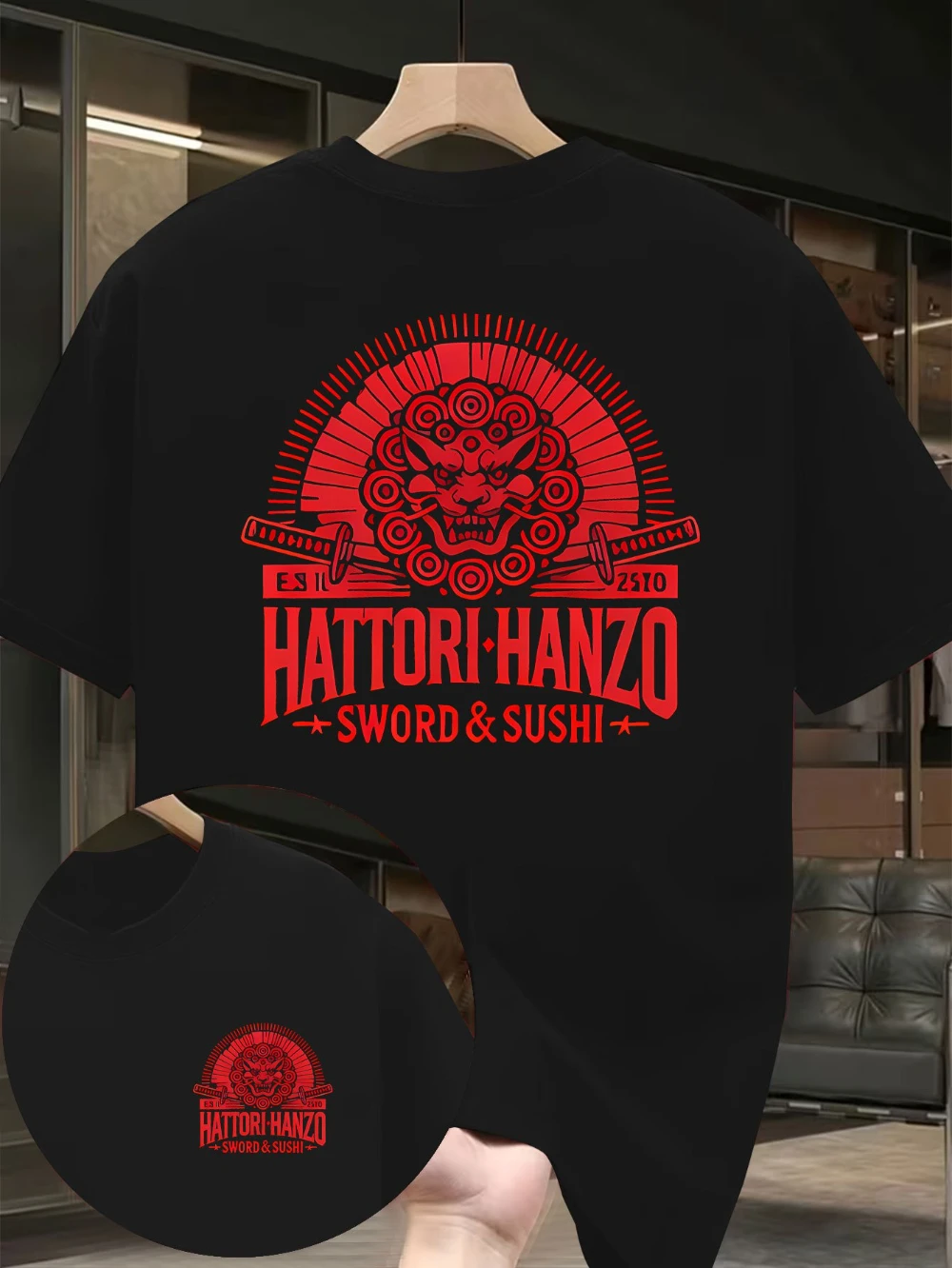 Camiseta HATTORI HANZO Samurai con cabeza de león y espadas dobles, estampado a doble cara, estilo retro japonés, camisetas para hombre para verano