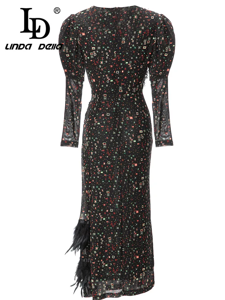 Imagem -02 - Linda Della Outono Novo Estilo Elegante Vestido de Festa Feminino Flor Cor com Decote em v Cintura Alta Pena Fenda Plissado Moda Vestido ld