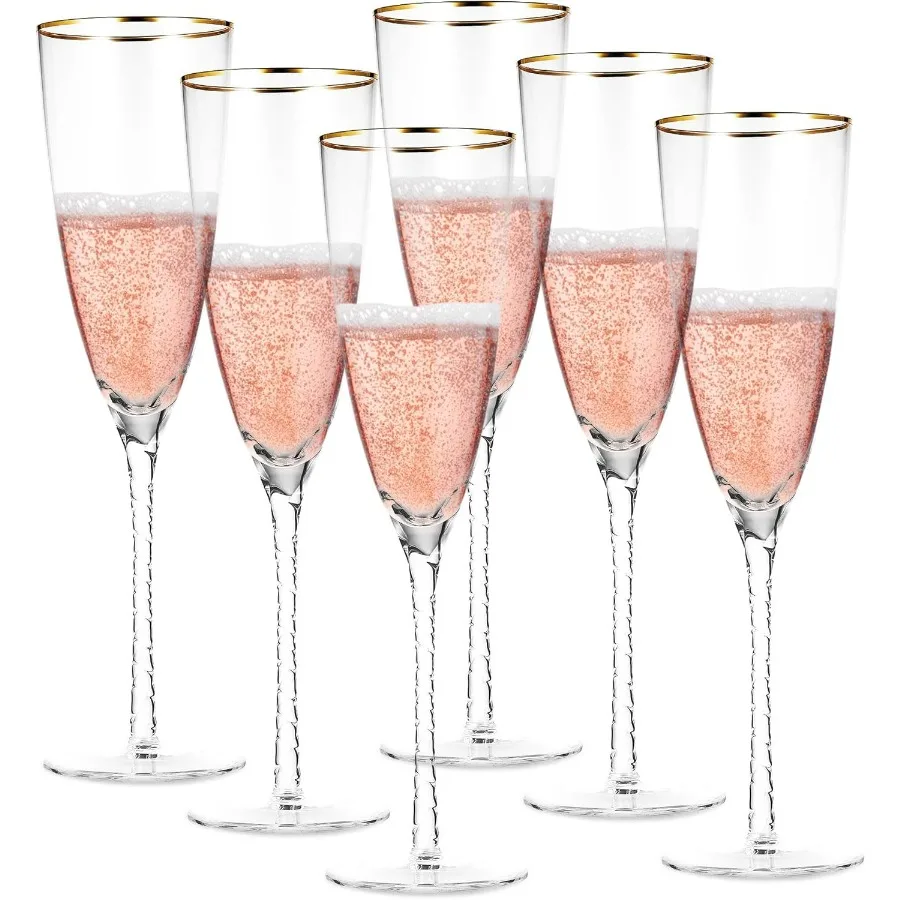 

Premium Crystal Champagne Flutes Set of 6 Elegant Glass Champagne Glasses with Twisted Stem and Gold Rim 10.6 oz Flute Glasses