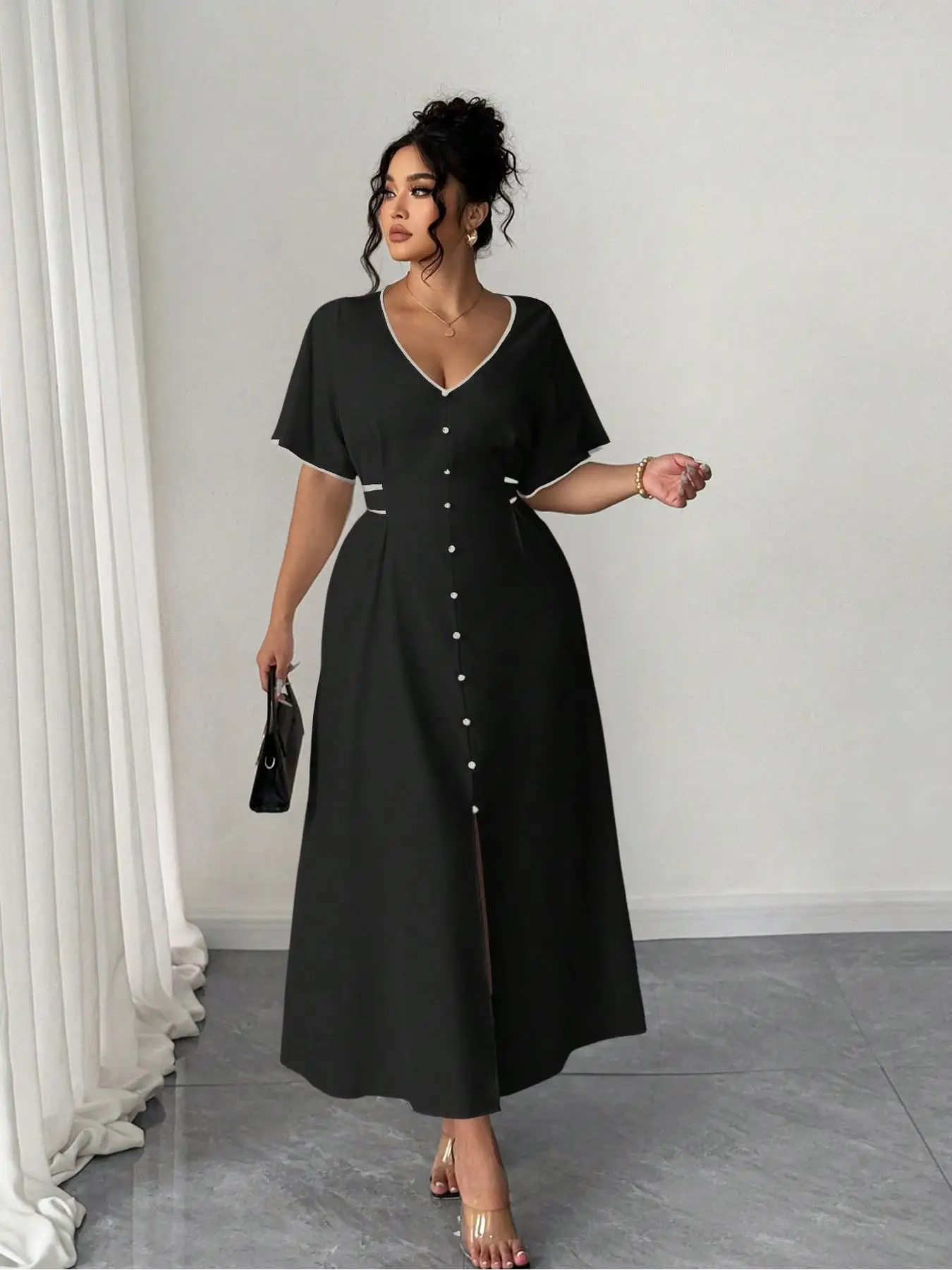 

Plus Size Floral Casual Dress for Women, Fitted Woven Fabric, Comfortable for Spring & Fall, Fashion
