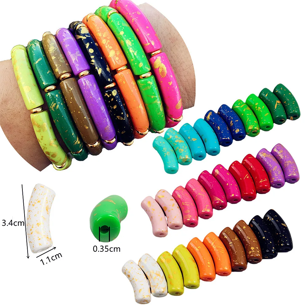 11*34mm 6pcs Acrylic Tube Beads Glitter Paint Loose Bamboo Arc Bead for DIY Bracelet Necklace Earring Making Jewelry Accessories