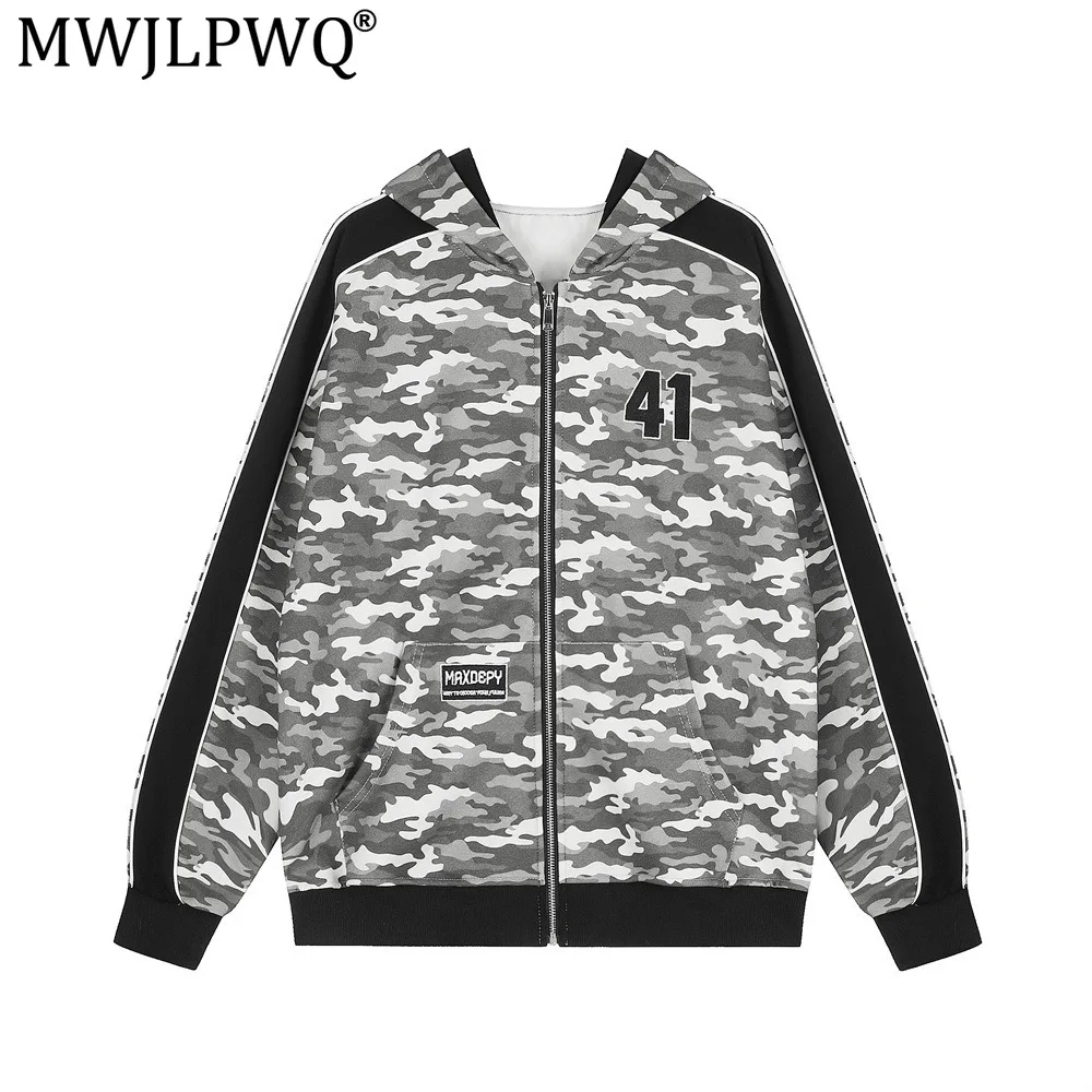 MWJLPWQ Camouflage Patchwork Color-Block Sports Casual Sets For Men Spring Autumn Hooded Jacket Trendy Loose Wide-Leg Pant 20834